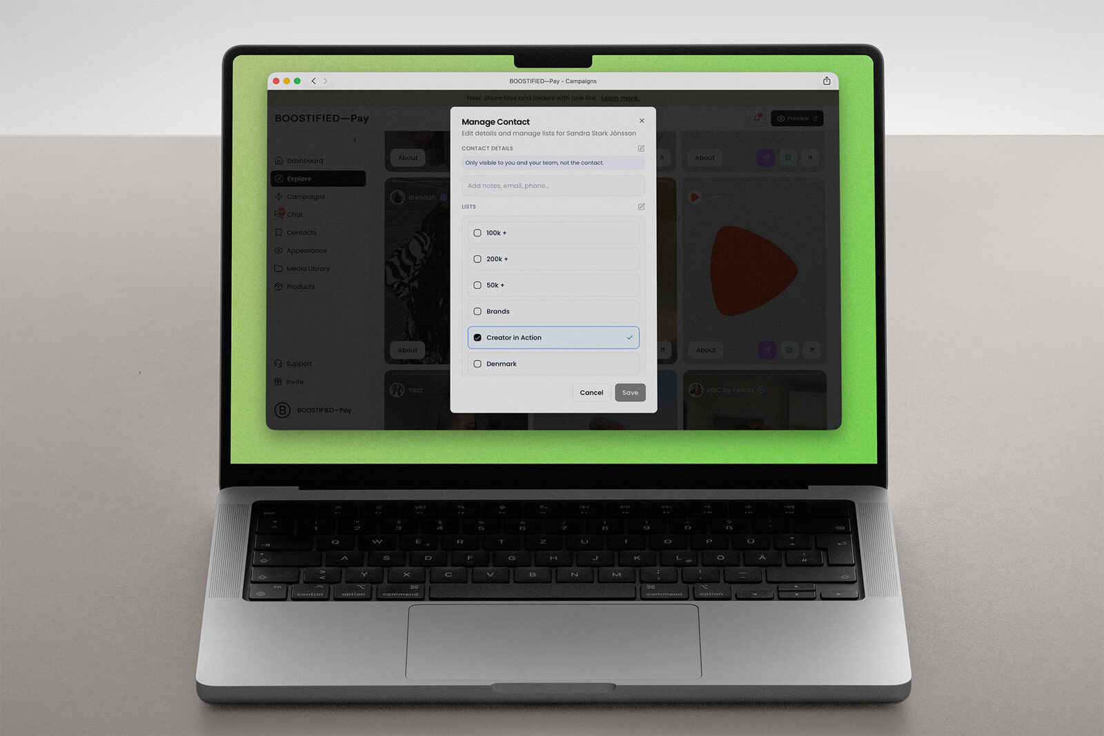 Manage Contact open on a laptop, with the contact being added to a list