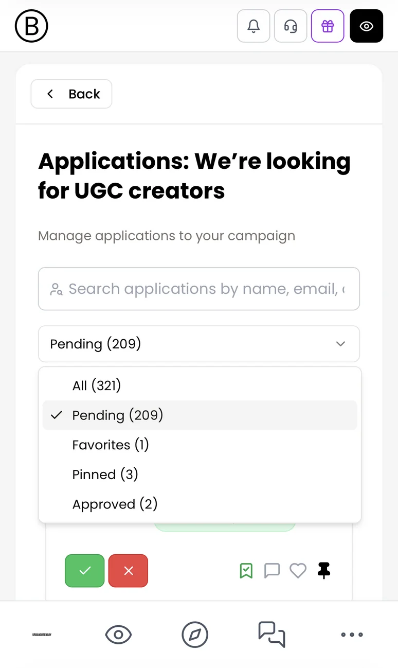 BOOSTIFIED—Pay campaign applications screen showing status filters and approval controls